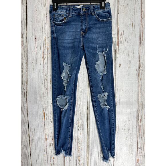 Nature Skinny Ripped Distressed Jeans Junior 3 Blue Dark Wash Denim Mid Rise - Picture 1 of 5